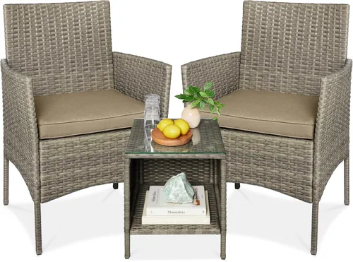 Miniatura 16 de Best Choice Products Juego de 3 piezas de mimbre para conversación al aire libre, muebles de patio que ahorran espacio para jardín con mesa