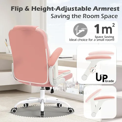 Miniatura 5 de SEATZONE Silla ergonómica de oficina de piel sintética rosa, silla de computadora con ruedas y brazos abatibles, silla giratoria con ruedas