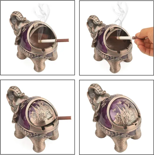 Miniatura 5 de LAUYOO Cenicero decorativo de elefante con tapa para cigarrillos, cenicero de metal para fumar, portacentizas para fumadores, resistente al viento