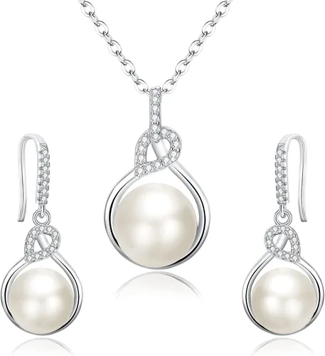 BriLove Regalos para mamá y mujer, plata de ley 925 con circonita cúbica AAA, collar de perlas cultivadas de agua dulce, juego de aretes para el día
