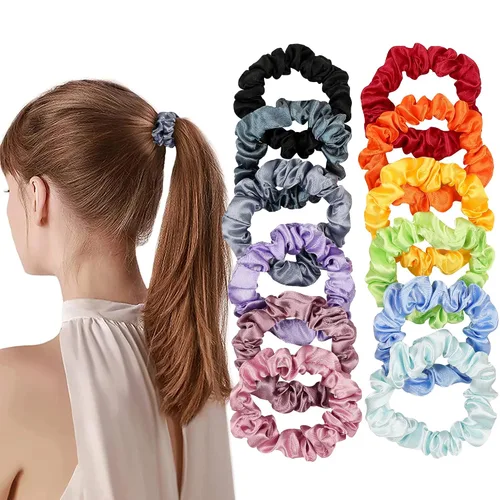 Miniatura 17 de Ivyu, ligas de cabello de seda satinada negras pequeñas mini scrunchy para mujeres, accesorios para cabello grueso, lindos, suaves, sin