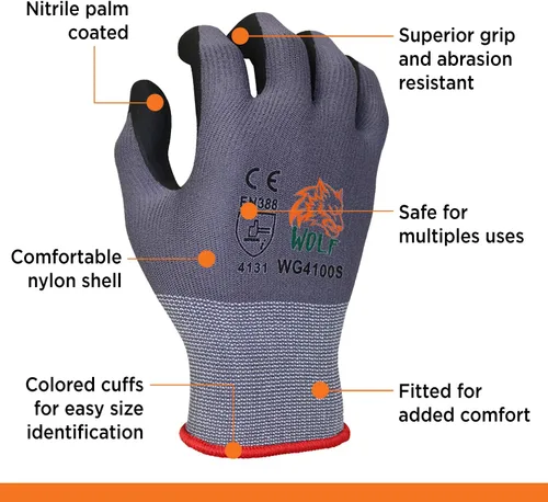 Miniatura 4 de WOLF Guantes de nitrilo ultradelgados con palma de espuma recubierta con agarre adhesivo, multiusos