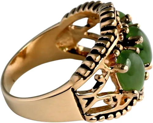 Miniatura 2 de Anillo de jade verde auténtico chapado en oro amarillo, con forma ovalada, 3 piedras tamaños 5-10, Metal, Jade