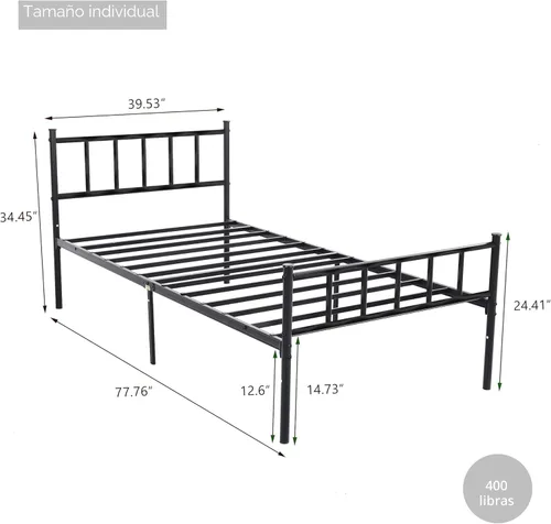 Miniatura 2 de Base de cama individual de metal con cabecero, listones de acero resistente, no necesita somier, fácil montaje, color negro