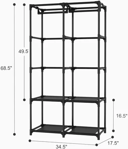 Miniatura 3 de Armario portátil para colgar ropa, armario portátil con tapa, 4 estantes de almacenamiento, 2 varillas para colgar y 8 bolsillos laterales, fácil