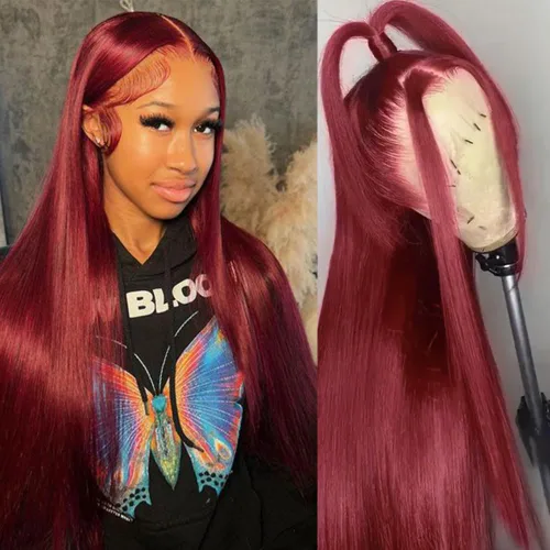 Miniatura 6 de QD-Tizer Pelucas de cabello sintético con encaje frontal de 13 x 6 pulgadas, sin pegamento, color rojo vino, color burdeos, pelucas de cabello largo