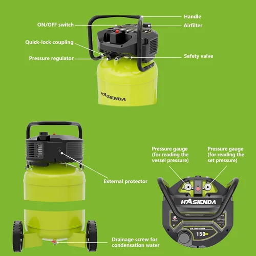 Miniatura 4 de Compresor de aire de taller de 20 galones, 150 PSI máx, compresor vertical sin aceite para garaje y hogar, con un motor sin escobillas de larga