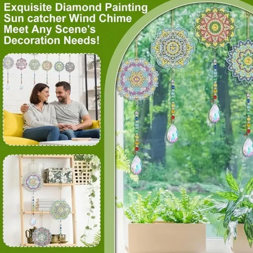Miniatura 6 de Yeaqee 6 piezas de pintura de diamante, diseño de mandala, campanillas de viento de doble cara, manualidades de pintura para adultos, ventana