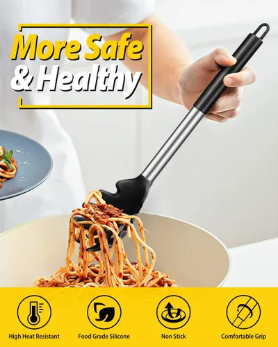 Miniatura 3 de Set de tenedor de pasta y cucharón de silicona, utensilios de cocina grandes antiadherentes para cocinar, remover, servir espaguetis, sopa, salsa