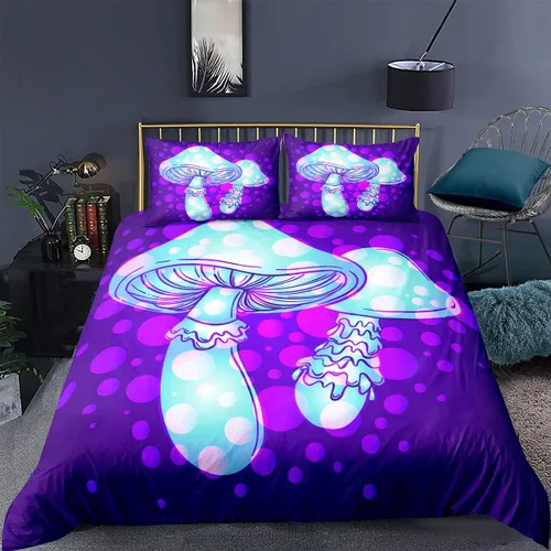 Miniatura 14 de Juego de funda de edredón psicodélico de fantasía con diseño de hongos psicodélicos, galaxia, verde cielo, morado, diseño de hongos estrellados, #1
