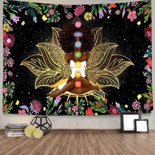 Miniatura 8 de Ine Ive Tapiz de chakra africano, mujer afroamericana, tapices de meditación zen, 40 x 30 pulgadas, cielo estrellado, flores, jardín, inspirador