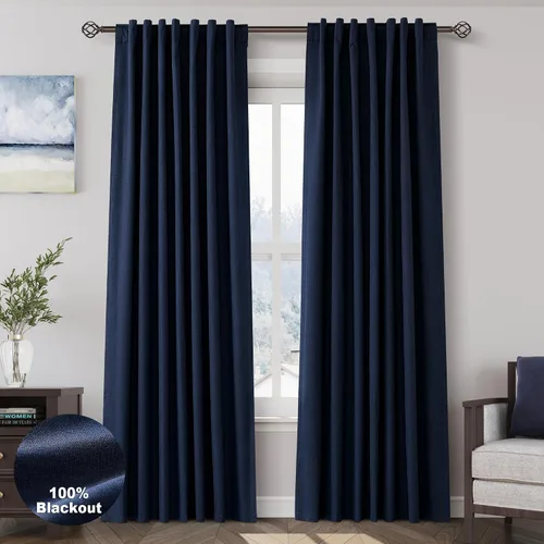 Miniatura 16 de Cortinas de lino 100% opacas para dormitorio, 102 pulgadas de largo, con pestaña trasera, bolsillo para barra, paneles acústicos con aislamiento