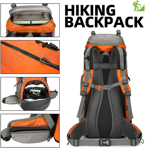 Miniatura 2 de Mochila de 70 L para Camping, Senderismo, Escalada al Aire Libre con Funda Impermeable para Lluvia Naranja