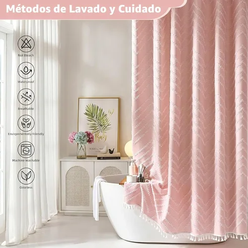 Miniatura 6 de Siiluminisoy Cortina de ducha bohemia rosa de tela tejida con borlas blancas, bonita cortina de ducha moderna de granja con textura tufted de A Pink