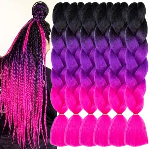 Miniatura 53 de 3 paquetes de extensiones de cabello sintético para trenzar de color negro a azul, tamaño jumbo ombré, de 24 pulgadas o trenzas de ganchillo