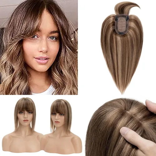 Miniatura 17 de Benehair 150% seda hecha a mano densidad base 100% Remy cabello humano para mujeres con flequillo clip en piezas de cabello con clip con ligera Gris
