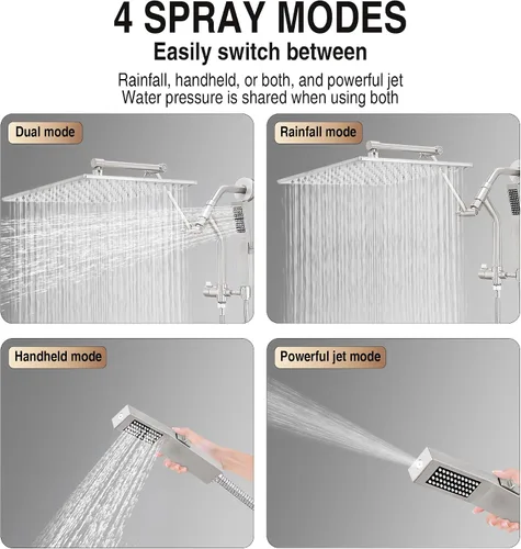 Miniatura 4 de Regadera de lluvia de metal de 12 pulgadas con modo de lavado eléctrico integrado de mano, cabezales de ducha cuadrados de cascada de alta presión