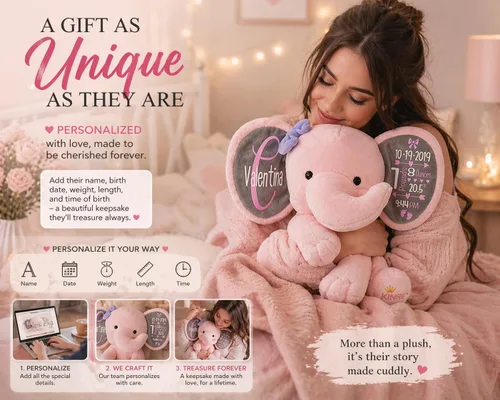 Miniatura 9 de Animal de Peluche Elefante Personalizado - Anuncio Personalizado de Estadísticas de Nacimiento Animales de Peluche Elefante para Bebés, Baby Shower