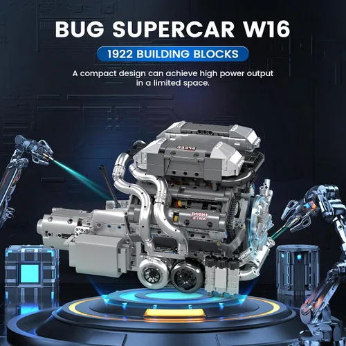Miniatura 4 de Mould King Bloques de construcción 10201 Supercar, kit de modelo de transmisión de motor W16, juego de ladrillos de automóvil deportivo a escala
