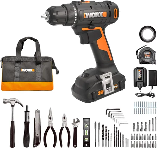 Worx Taladro Atornillador Inalámbrico de 20V, Kit de Accesorios de 84 Piezas, 2 Velocidades Variables, Par de 265 In-Lbs, Embrague 20+1, Ligero,