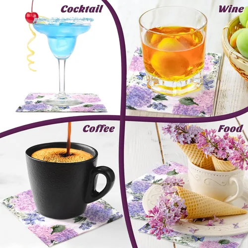 Miniatura 4 de Hotop Paquete de 200 servilletas de hortensias moradas para invitados, día de la madre, servilletas florales de mariposa, desechables, toallas