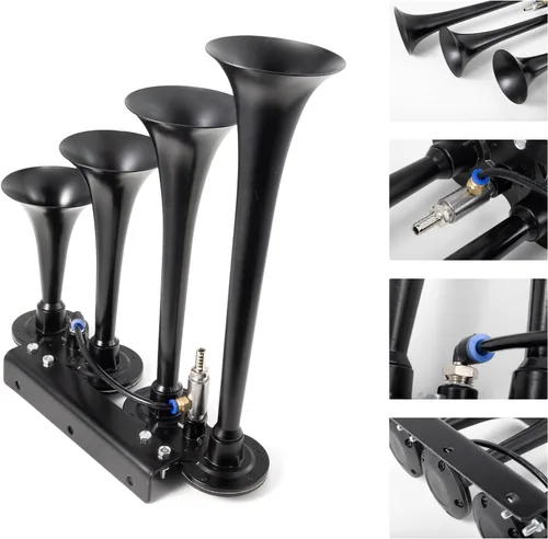 Miniatura 4 de Bocina de aire de 4 tubos para camión de 150 dB, bocina de coche súper fuerte, cuatro bocinas de tren de trompeta con kit de compresor para vehículo
