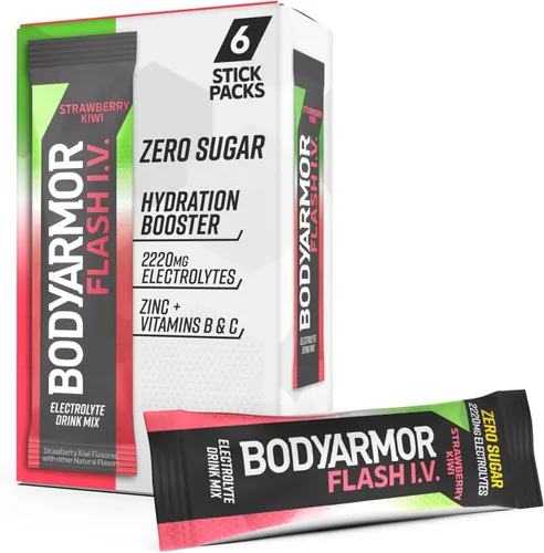 BODYARMOR Flash IV - Paquetes de electrolitos, fresa y kiwi, mezcla de bebida sin azúcar, paquetes de una sola porción, agua de coco en polvo (6