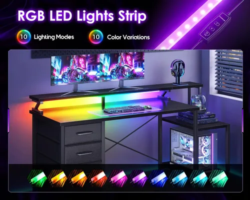 Miniatura 6 de ODK Escritorio para computadora de 55 pulgadas con 4 cajones, escritorio de oficina con luces LED y estantes de almacenamiento, mesa de estudio Negro