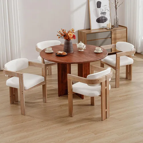 Juego de 4 sillas de comedor modernas de barril, sillas de comedor tapizadas con respaldo curvado y patas de madera, sillas laterales de lino para