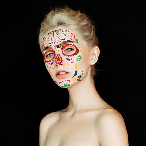 Miniatura 3 de 9 hojas de tatuajes temporales para el Día de los Muertos Día de los Muertos, tatuaje temporal de La Catrina, tatuaje falso de calavera para mujeres