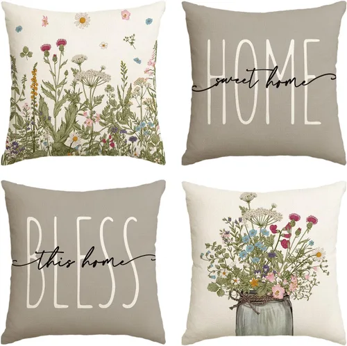 AVOIN colorlife Juego de 4 fundas de almohada de otoño con diseño de flores silvestres y dulces hogares, 16 x 16 pulgadas, decoraciones de temporada