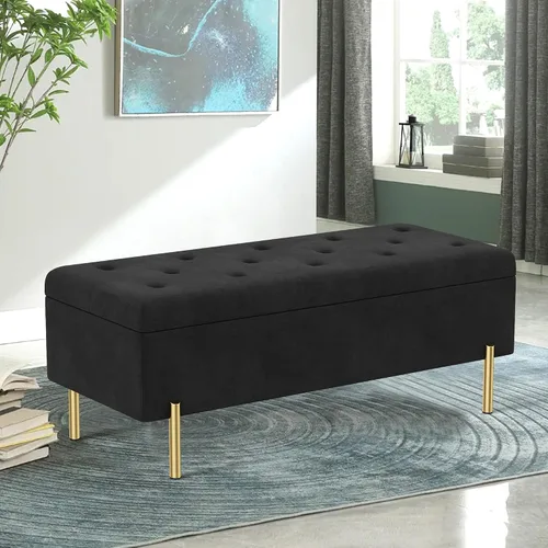 Miniatura 9 de Banco otomano con almacenamiento, banco de almacenamiento tapizado de terciopelo para dormitorio, sala de estar, otomano largo, color negro