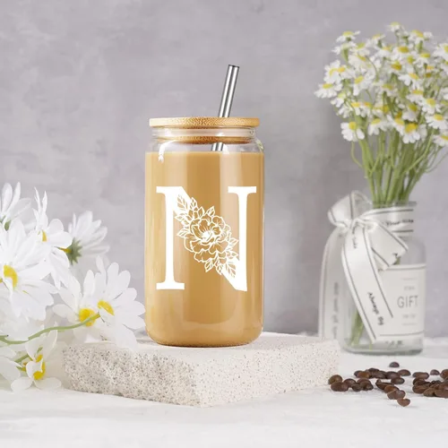 Miniatura 4 de Taza de Vidrio Inicial Coolife, Regalos Personalizados para Mujeres, Tazas de Vidrio de 16 oz con Tapas y Popotes, Vaso de Café Helado, Licuado