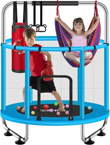 ZCMHAXJ Trampolín de 55 pulgadas para niños con recinto, capacidad de 440 libras, trampolín para niños y exteriores, con barra de gimnasia ajustable