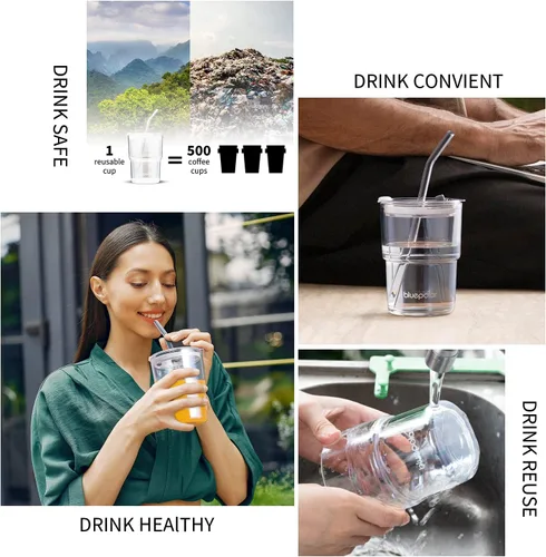 Miniatura 6 de BLUEPOLAR - Vaso de agua de vidrio de 13 oz/400 ml con popote y tapa sellada para llevar, vaso de café helado de pared gruesa, vaso de vidrio