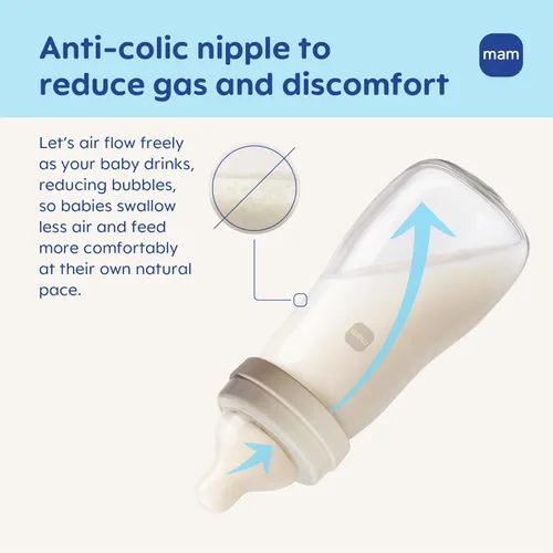 Miniatura 4 de MAM Biberón de cuello ancho anticólicos de vidrio puro Feel Good de 9 onzas, pezón de silicona suave de flujo medio, fácil de limpiar, sin BPA, más