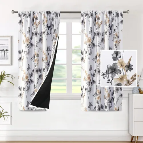 Miniatura 16 de H.VERSAILTEX Cenefas de cortina 100% opacas para ventanas de cocina, juego de 2 paneles de Cattleya con estampado floral Leah con aislamiento
