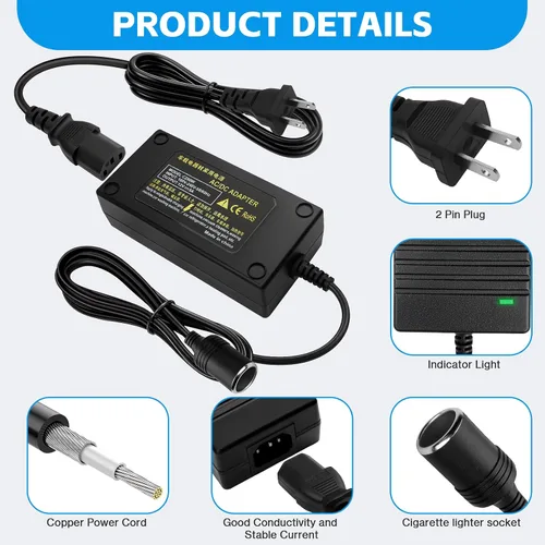 Miniatura 6 de Herfair Convertidor de CA a CC 2A 24W Adaptador de enchufe para encendedor de cigarrillos de automóvil, cable de alimentación de 110-240V a 12V