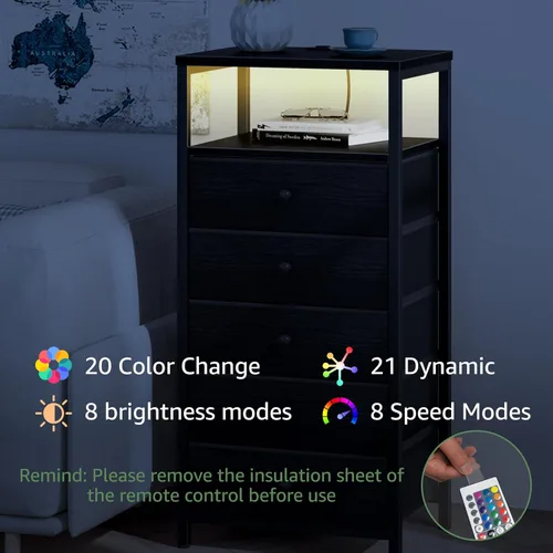 Miniatura 31 de BOLUO Mesita de noche blanca con estación de carga, mesa de noche LED con 2 cajones de tela, mesa auxiliar con puertos USB y tomas de corriente