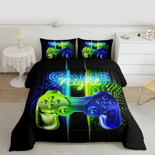 Miniatura 8 de Feelyou Juego de edredón negro para adolescentes y niños, juego de ropa de cama con estampado de consola de videojuegos de 2 piezas, 1 edredón con 1