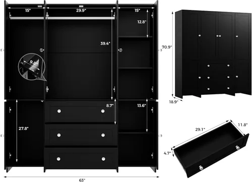 Miniatura 2 de VOWNER Armario de clóset con cajones y espejo, gabinete de almacenamiento de ropa de 71" con barra para colgar, armario de clóset de madera de 6