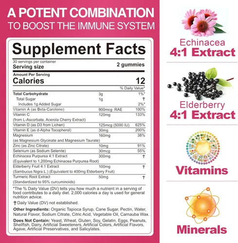 Miniatura 2 de Gomitas de suplemento de apoyo inmunológico 10 en 1, con equinácea, saúco, vitamina C y zinc, selenio, vitamina D3 5000IU, magnesio, multivitamínico