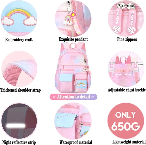 Miniatura 6 de Jcobvig Mochila de arcoíris para niñas y niños, linda mochila escolar para estudiantes con bolsa para bolígrafos, bolsa de viaje para portátil
