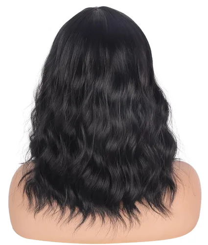 Miniatura 7 de Pelucas Bob Onduladas Negras Naturales a la Altura del Hombro Para Mujeres Pelucas Cortas Onduladas Con Flequillo Pelucas Sintéticas Onduladas