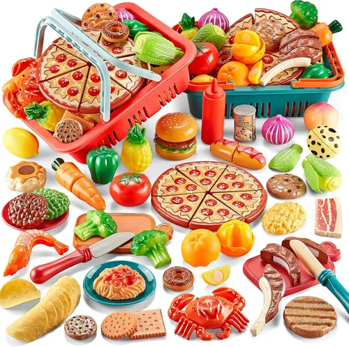 Juegos de comida de simulación para cocina de niños - 80 piezas de alimentos de simulación con 2 cestas de picnic para niños, alimentos de juguete
