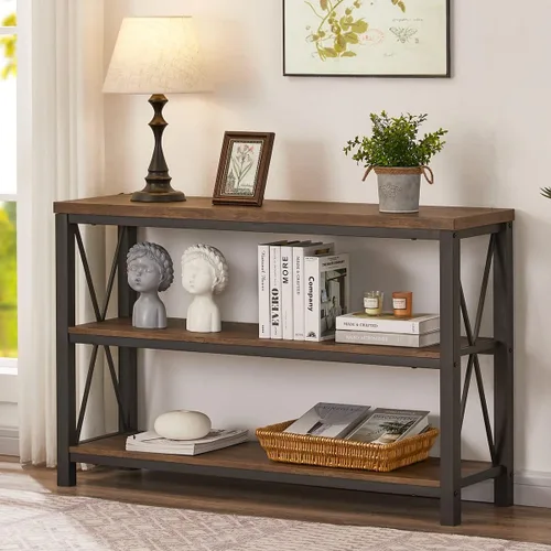 BON AUGURE - Mesa de consola rústica detrás del sofá, mesa industrial de entrada con estantes, mesas de sofá de 3 niveles estilo granja para sala de