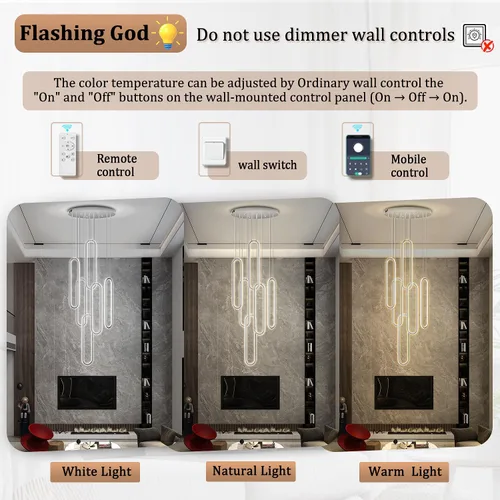 Miniatura 6 de Flashing God Candelabro moderno, candelabros cromados con 6 anillos LED, lámpara de techo alto más grande para sala de estar, lámpara rectangular