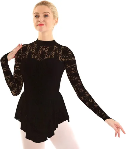 Miniatura 4 de JEATHA Leotardo de ballet de encaje floral para mujer, mangas para dedos, vestido de patinaje sobre hielo