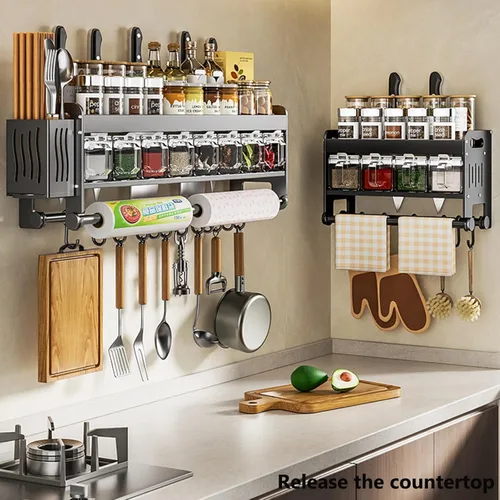 Miniatura 9 de Cuchillo colgante de pared para montaje en pared, taza de condimentos, estante de cuchillos que ahorra espacio con ganchos, organizador de cocina