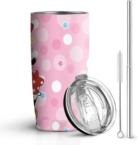 Vaso de 20 oz de acero inoxidable rosa con pajita y tapa, a prueba de fugas, taza de café para viajes, para uso en casa y al aire libre, tazas Ratón
